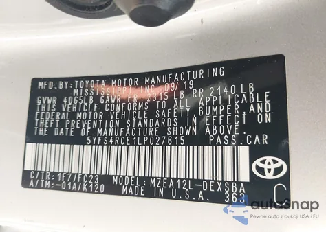2020 Toyota Corolla Se from USA, damaged, VIN 5YFS4RCE1LP027615